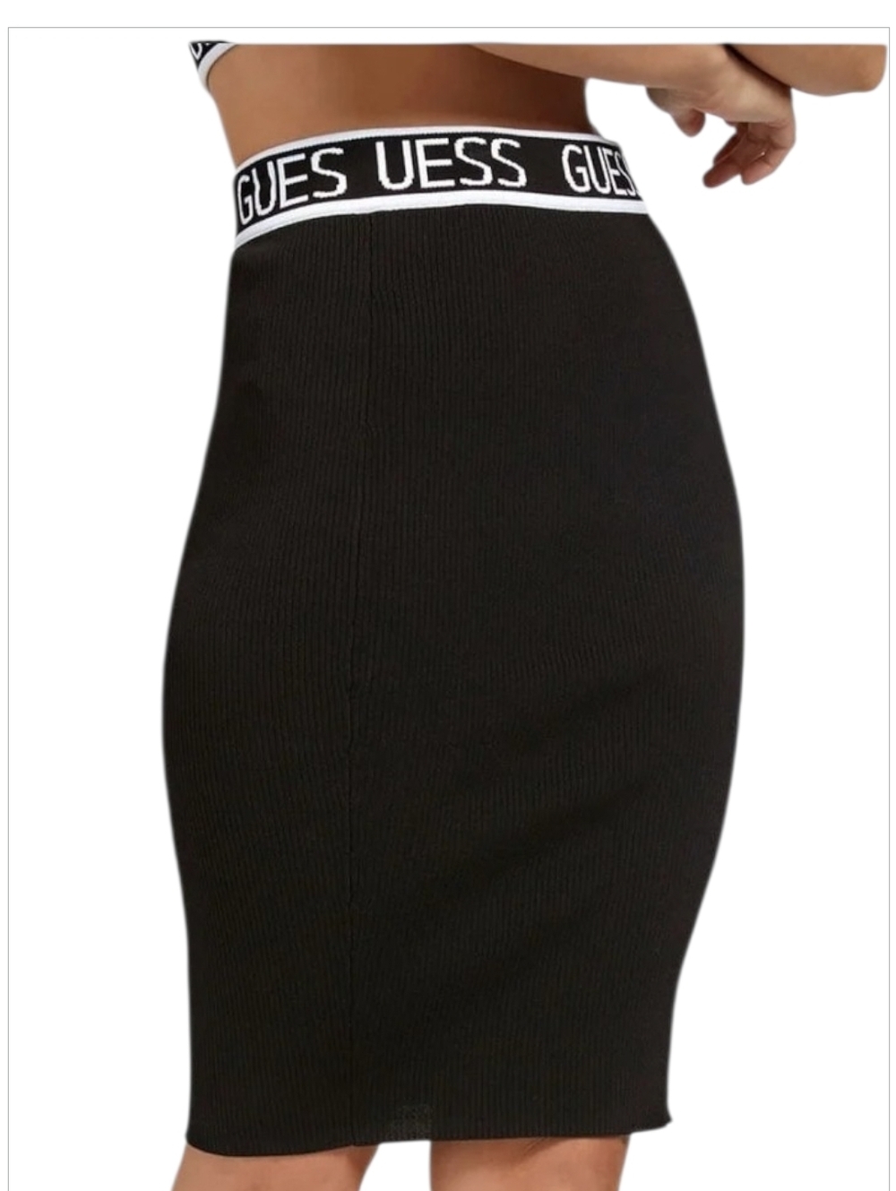 GUESS Black Pencil Skirt Knee Length Ribbed Logo Waistband NWOT XS
